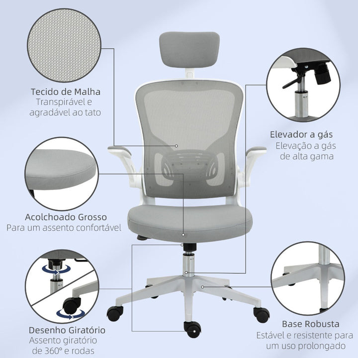 Cadeira de Escritório de Malha Ergonómica Cadeira de Escritório com Altura Ajustável Apoio para os Braços Dobrável Apoio para a Cabeça e Suporte Lombar Ajustáveis 65x64x114-122cm Cinza