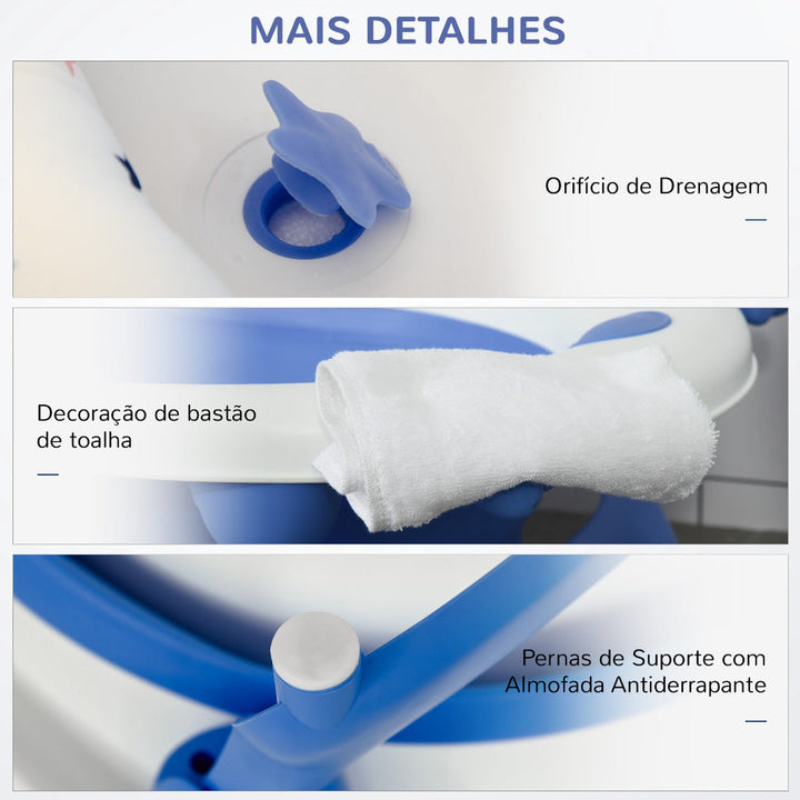 Banheira para Bebé Recém Nascido até 3 Anos Dobrável 30 Litros com Tampa Termossensível e Almofada Confortável Almofadas Antiderrapantes 81,5x50,5x23,5cm Azul e Branco