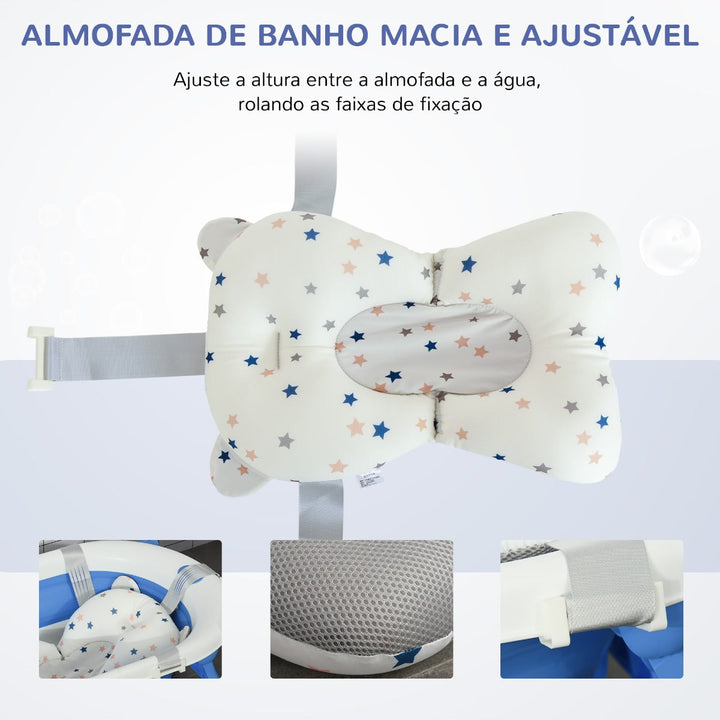 Banheira para Bebé Recém Nascido até 3 Anos Dobrável 30 Litros com Tampa Termossensível e Almofada Confortável Almofadas Antiderrapantes 81,5x50,5x23,5cm Azul e Branco