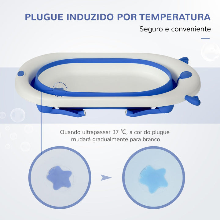 Banheira para Bebé Recém Nascido até 3 Anos Dobrável 30 Litros com Tampa Termossensível e Almofada Confortável Almofadas Antiderrapantes 81,5x50,5x23,5cm Azul e Branco