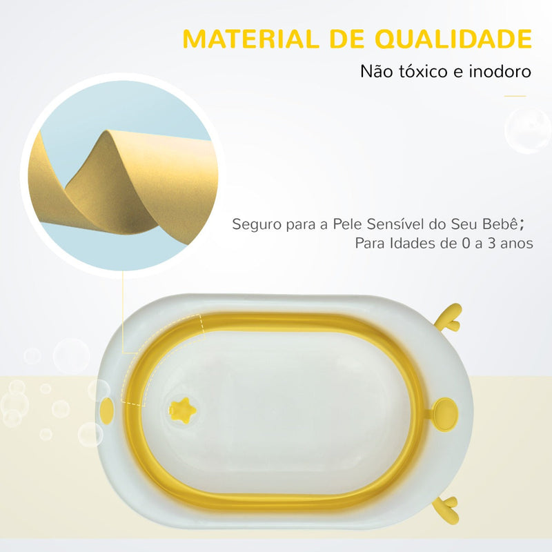 Banheira para Bebé Recém Nascido até 3 Anos Dobrável 30 Litros com Tampa Termossensível e Almofada Confortável Almofadas Antiderrapantes 81,5x50,5x23,5cm Amarelo e Branco