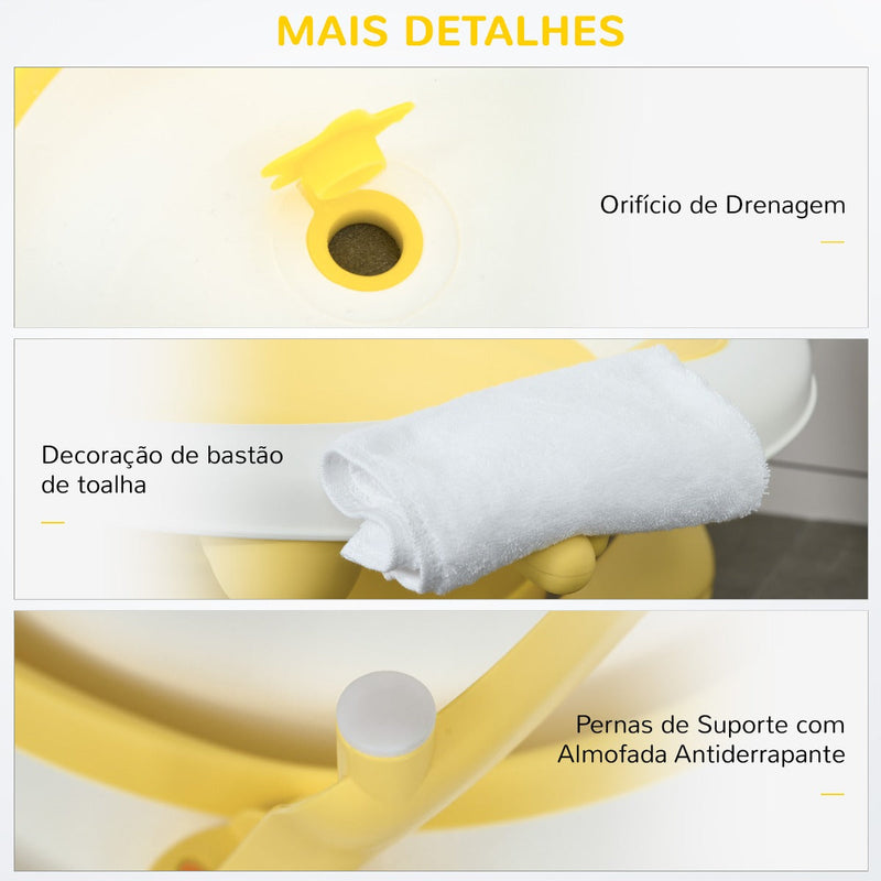 Banheira para Bebé Recém Nascido até 3 Anos Dobrável 30 Litros com Tampa Termossensível e Almofada Confortável Almofadas Antiderrapantes 81,5x50,5x23,5cm Amarelo e Branco