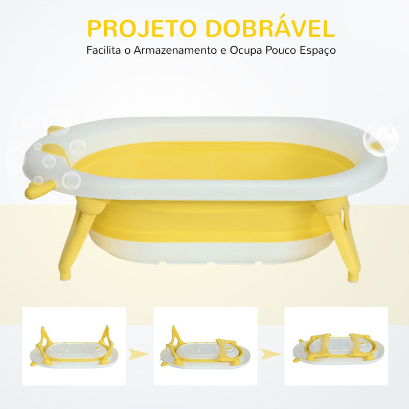 Banheira para Bebé Recém Nascido até 3 Anos Dobrável 30 Litros com Tampa Termossensível e Almofada Confortável Almofadas Antiderrapantes 81,5x50,5x23,5cm Amarelo e Branco