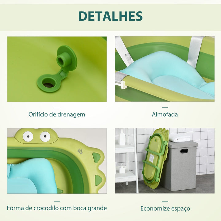 Banheira Dobrável para Bebé Recém Nascido até 3 Anos 50L com Almofada Confortável e Pés Dobráveis 80x53,9x20,8cm Verde