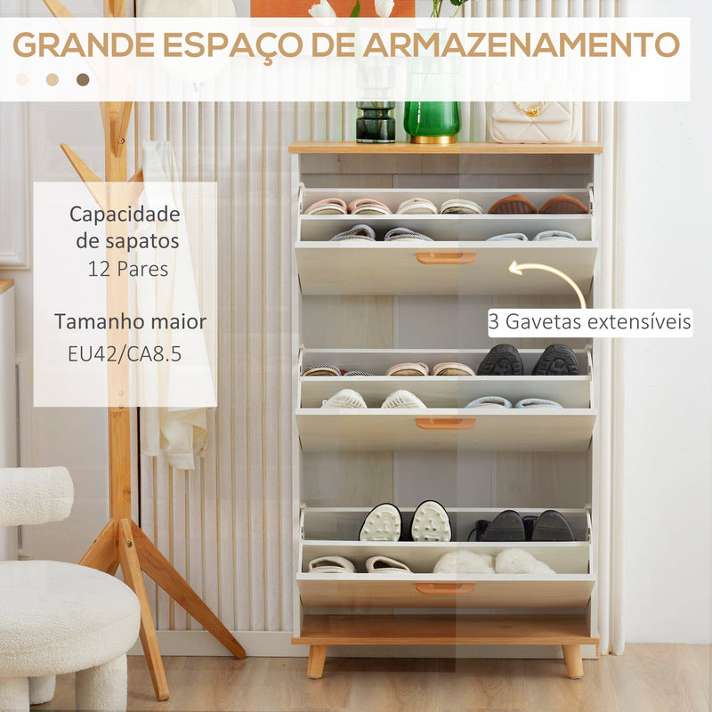 Sapateira Moderna Armário para Sapatos com 3 Gavetas Abatíveis para 12 Pares de Sapatos e Prateleira Ajustável para Corredor Entrada 70x23,5x122cm Branco e Madeira