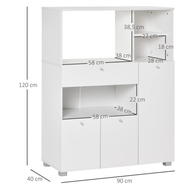 Aparador Auxiliar para Microondas Buffet de Cozinha com 2 Armários com Portas 1 Gaveta e Prateleiras de Armazenamento 90x40x120cm Branco