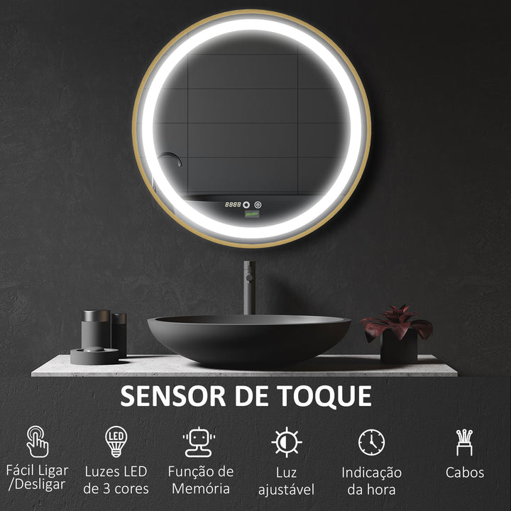 Espelho Casa de Banho com Luz LED Ø60x4cm Espelho Redondo com Interruptor Tátil 3 Luzes Ajustáveis Visualização de Temperatura e Hora Função de Memória Estrutura de Alumínio Dourado