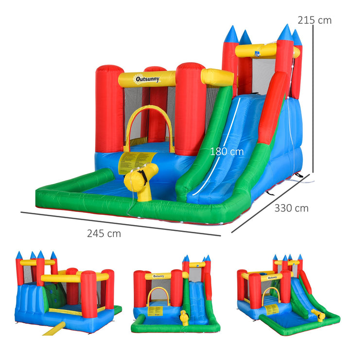 Castelo Insuflável com Escorrega Trampolim Piscina e Pistola de Água para Crianças acima de 3 Anos com Inflador e Bolsa de Transporte para Interior Exterior 330x245x215cm Multicor