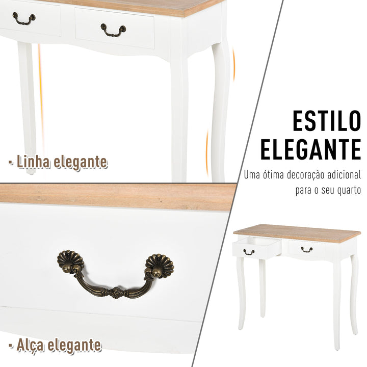 Mesa consola tipo aparador para corredor com desenho retrô com 2 gavetas Pinho 87x34x78,5 cm Branco