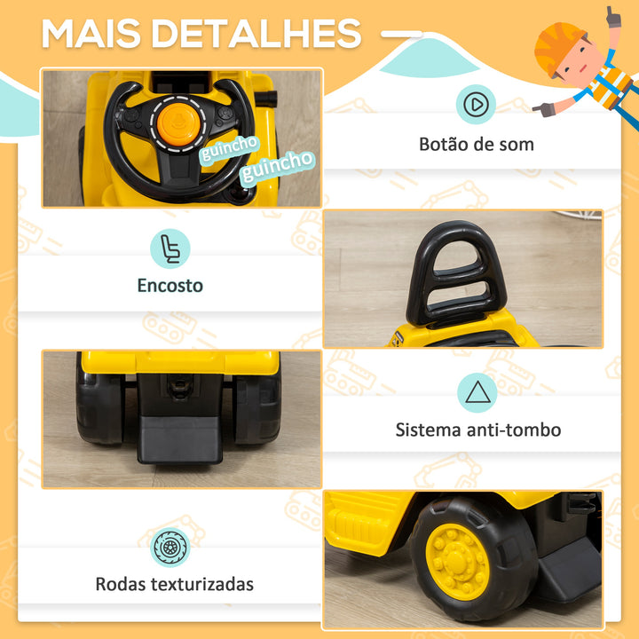 Carro Andador para Crianças acima de 3 Anos Empilhadeira Elevatória de Brinquedo com Forquilha Móvel Buzina e Assento com Armazenamento Oculto Carga Máxima 30kg 86x27,5x47,5cm Amarelo