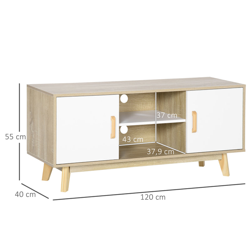 Móvel de TV para Televisores de até 55 Polegadas Móvel de TV Moderna com 2 Gavetas 2 Prateleiras Abertas e Prateleira Interior Ajustável para Dormitórios 120x40x55cm Madeira e Branco