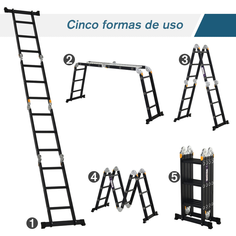 Escada multiuso dobrável 5 em 1 com 2 placas de alumínio 70x61x11 cm Preto