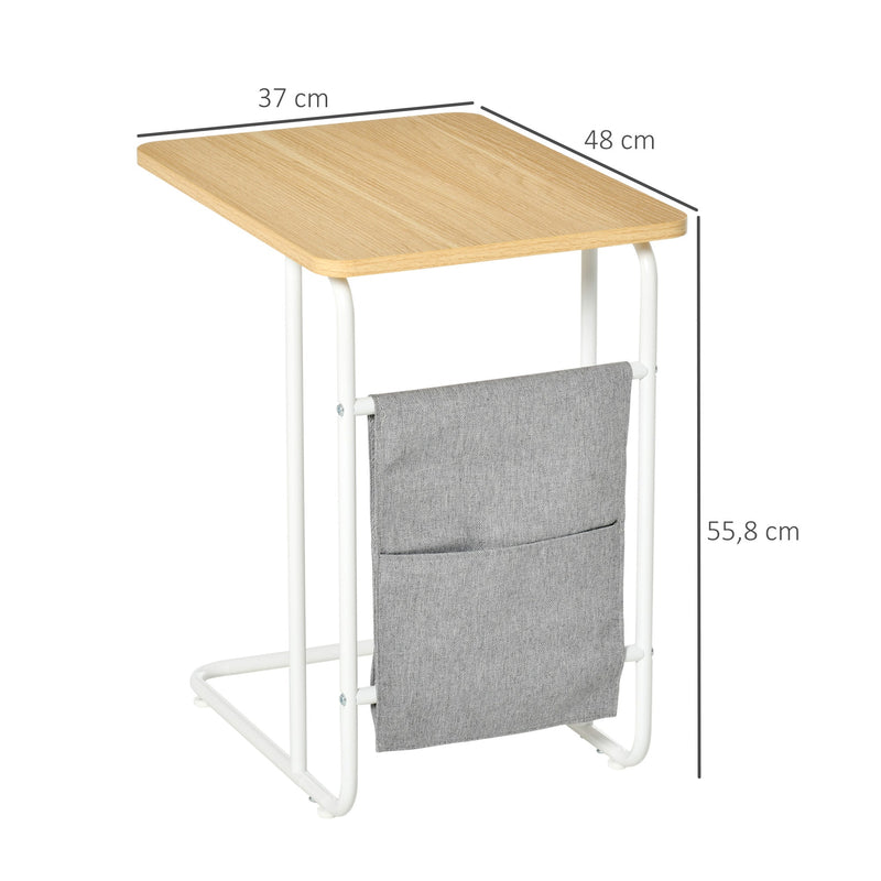 Mesa Auxiliar de Sofá em Forma de C com Bolsa de Armazenamento Removível Mesa Lateral para Sala de Estar Dormitório Escritório 37x48x55,8cm Carvalho e Branco