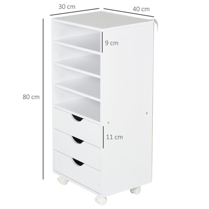 Móveis de escritório com 3 gavetas 4 prateleiras abertas 4 rodas 40x30x83 cm Branco