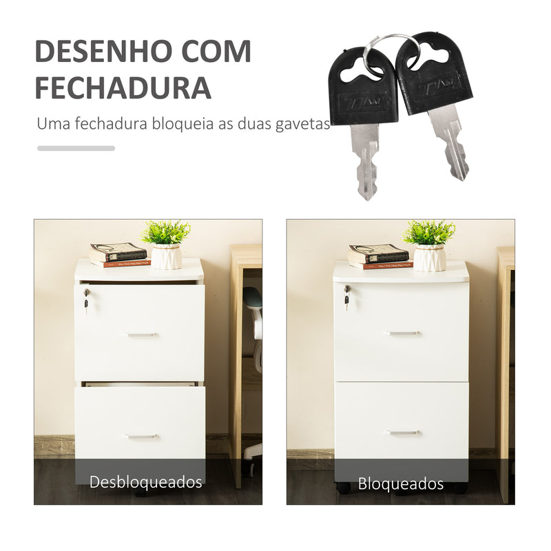 Bloco de Gavetas de Escritório Móvel Auxiliar para Arquivos com 2 Gavetas Fechadura 2 Chaves 5 Rodas e 2 Freios para Estúdio Escritório Dormitório 43x45x72cm Branco