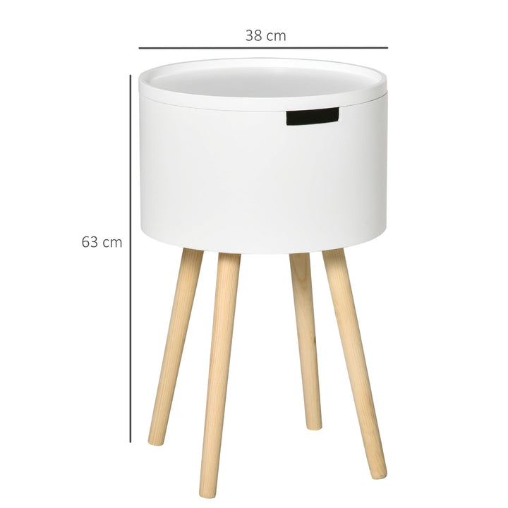 Mesa Auxiliar para Sala de Estar Moderna Mesa de Cabeceira com Tampa Removível Espaço de Armazenamento e Pés de Madeira para Dormitórios Ø38x63cm Branco