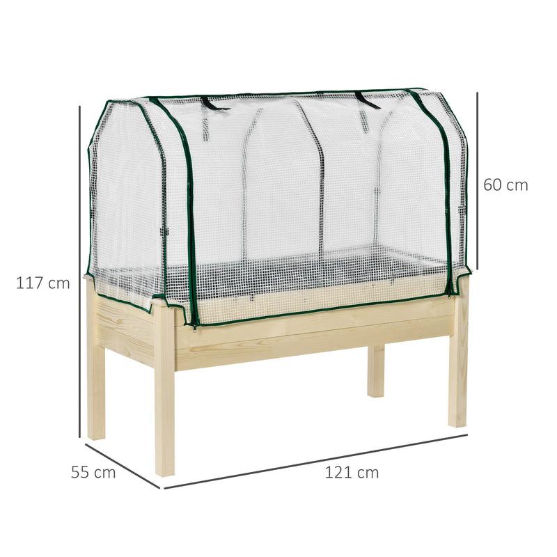 Horta Urbana Elevada de Madeira 121x55x117cm com Cobertura de Proteção Mesa de Jardinagem para Cultivo Flores Vegetais em Jardim Terraço Madeira Natural