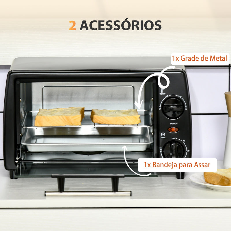 Mini Forno de Convecção 10 Litros 750W com Temperatura até 230 °C Temporizador 60 Minutos Bandeja e Grade 36,5x26x22cm Preto