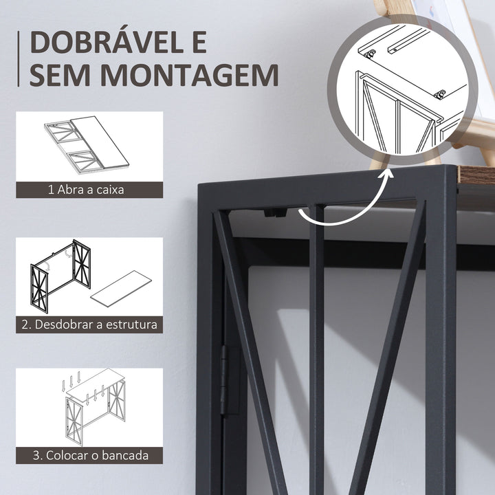 Consola Mesa de Entrada Estilo Industrial com Estrutura em Metal Dobrável e Bancada de MDF para Sala de Estar Entrada Corredor 100x38x80cm Marrom e Preto