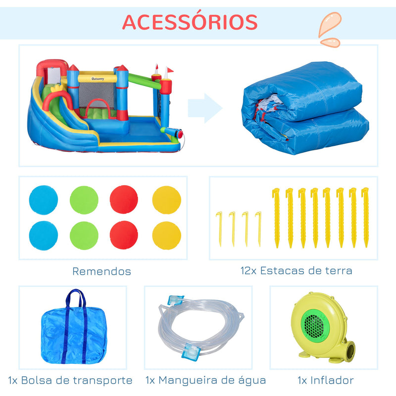 Castelo Insuflável Infantil com Escorrega Castelo Insuflável para Crianças de 3-8 Anos com Trampolim Piscina Insuflador e Bolsa de Transporte 390x300x197cm Multicolorido