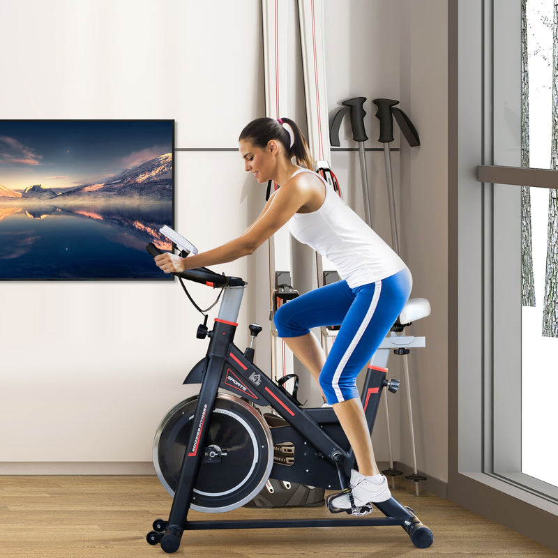 Bicicleta Estática com Resistência Ajustável Bicicleta Fitness com Volante de Inércia de 8kg Ecrã LCD Assento e Guiador Ajustáveis Suporte para Tablet 103x48x115cm Preto