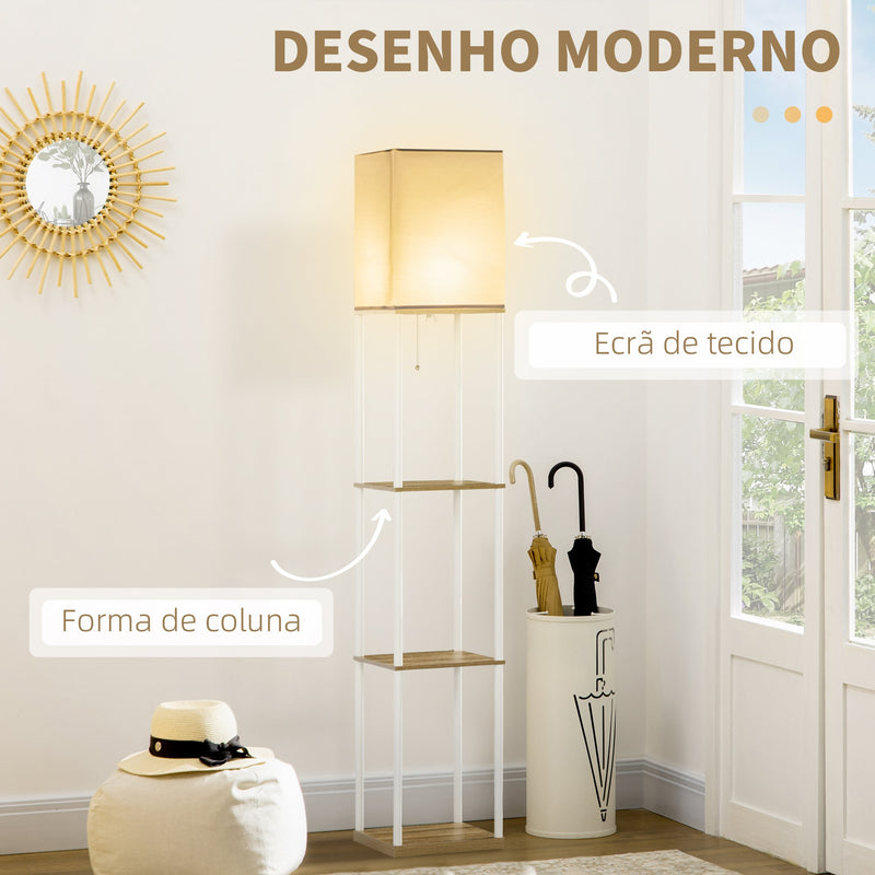 Candeeiro de Pé Moderno com Prateleiras Candeeiro de Pé para Sala de Estar Lâmpada E27 Máx. 40W com Ecrã de Tecido e Interruptor de Pé para Dormitório Escritório 26x26x159cm Branco e Madeira