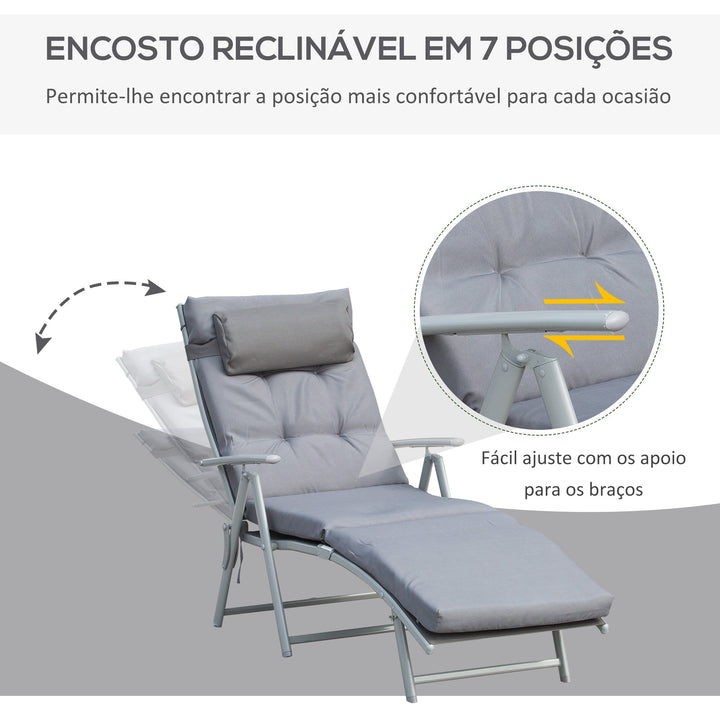 Espreguiçadeira Dobrável de Jardim com Encosto Ajustável em 7 Posições Almofada e Apoio para a Cabeça Acolchoados para Terraço Piscina Exterior Carga Máxima 165kg 137x63,5x100,5cm Cinza