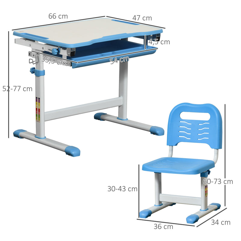 Secretária Infantil 2 em 1 Conjunto de Secretária e Cadeira para Crianças acima de 6 Anos com Altura Ajustável Mesa com Ângulos Regulável e Bandeja Deslizante 66x47x77cm Azul