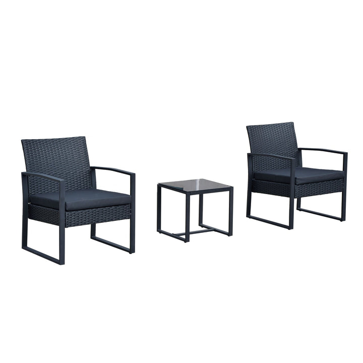 Conjunto de Móveis de Jardim de Vime 3 Peças com 1 Mesa 42,5x40x39 cm 2 Poltronas 63x57x76 cm Almofada Acolchoada para Pátio Varanda Preto