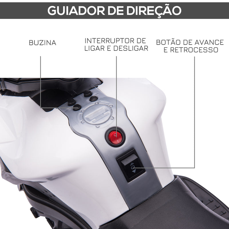 Moto Elétrica para Crianças a partir de 18 Meses 6V com Faróis Buzina 2 Rodas de Equilibrio Velocidade Máx. de 3km/h Motocicleta de Brinquedo 88,5x42,5x49cm Branco