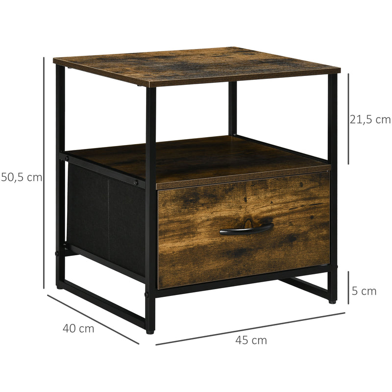 Mesa de Cabeceira com 1 Gaveta de Tecido Dobrável e Prateleira Aberta Mesa Auxiliar para Escritório Dormitório Estilo Industrial Anti-Tombo 45x40x50,5cm Marrom Rústico