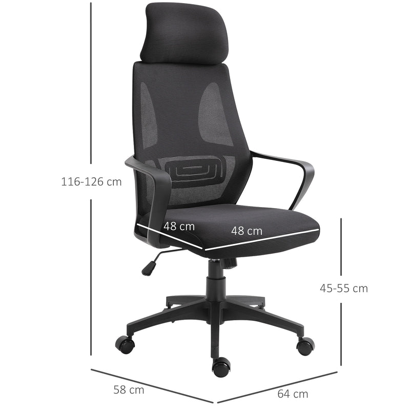 Cadeira de escritório ergonômica Cadeira de mesa inclinável ajustável em altura com encosto de braço Encosto de cabeça 5 rodas Suporta até 120 kg 64x58x116-126 cm Preto