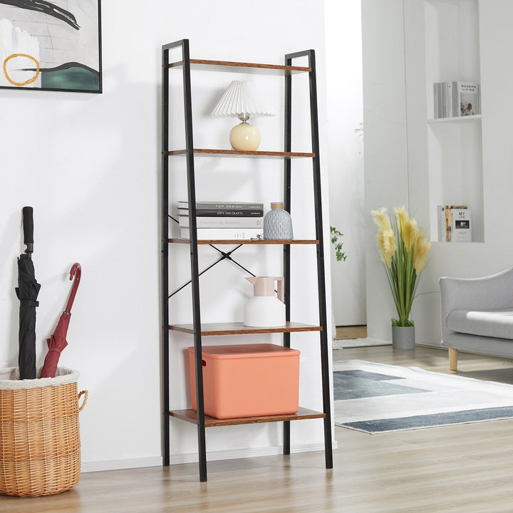 Estante de Estilo Industrial em Forma de Escada com 5 Prateleiras com Estrutura de Metal para Sala de Estar Dormitório Cozinha Escritório 56x34x160cm Marrom Rústico