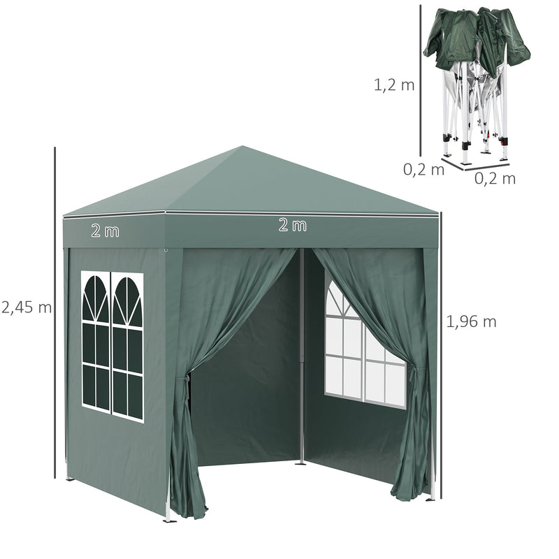 Tenda Dobrável 2x2 Tenda de Jardim com 4 Paredes Laterais Tecido Oxford 2 Portas 2 Janelas e Bolsa de Transporte para Exterior Terraço Campismo Festas Verde