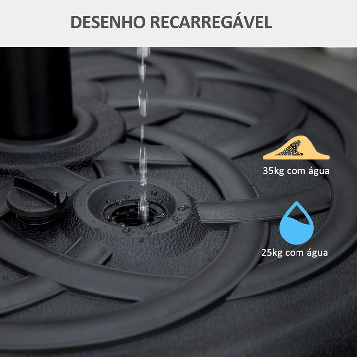 Base para Chapéu de Sol de PE Redonda Suporte para Chapéu de Sol 2,5kg Apto para Mastros de 38mm/48mm Preenchível com Areia 35kg e Água 25L Ø56x30,5cm Preto