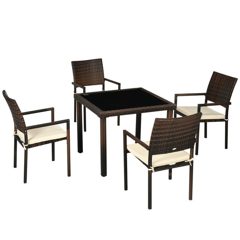 Conjunto de Móveis de Vime Sintético Conjunto de Refeição 5 Peças Mesa com Bancada de Vidro e 4 Cadeiras com Almofadas para Varada Pátio Marrom