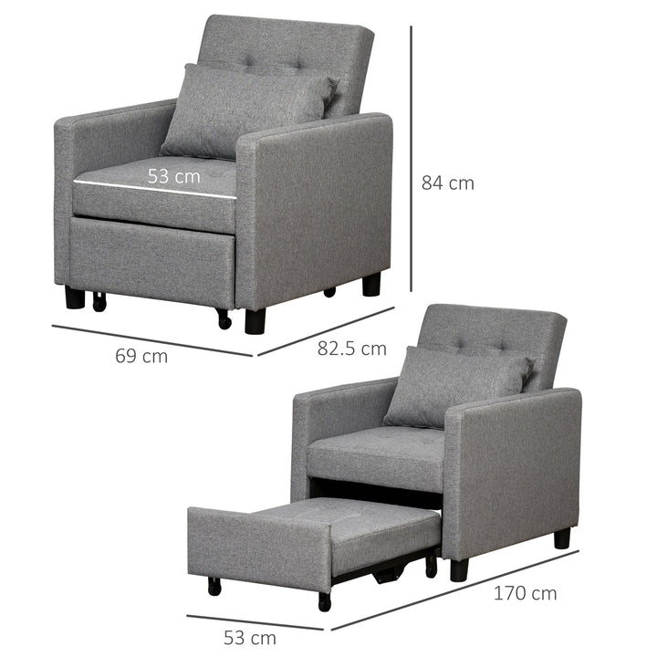 Sofá-cama Individual Poltrona com encosto reclinável Almofada removível Assento acolchoado e 4 rodas 69x77x84 cm Cinza