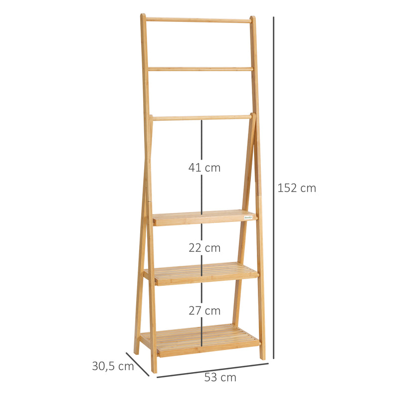 Toalheiro de Pé de Bambu com 3 Barras Toalheiro Dobrável com 3 Prateleiras de Armazenamento para Casa de Banho Lavanderia 53x30,5x152cm Madeira