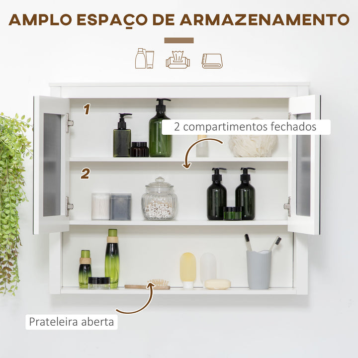kleankin Armário de Parede para Casa de Banho Armário Suspenso com Espelho para Casa de Banho com 2 Portas e Prateleira de Armazenamento 80x20x65cm Branco