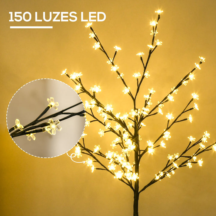 Árvore de Cerejeira com 120 Luzes LED IP44 Branco Quente Candeeiro Decorativo de Flor de Cereja com Ramos Flexíveis para Sala de Estar Festas Interiores 17x17x120cm Preto