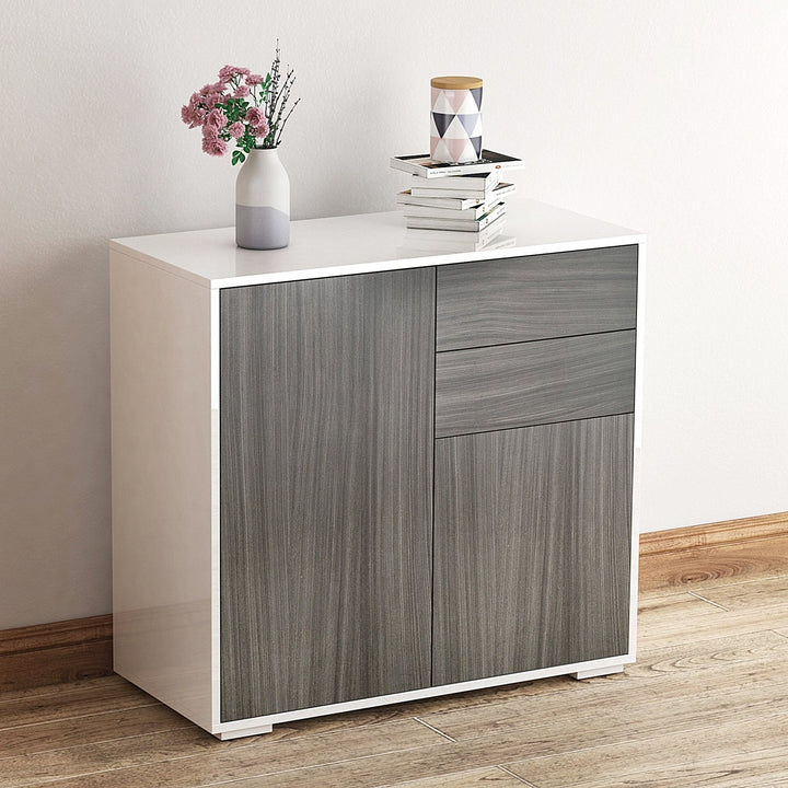 Aparador Auxiliar com 2 Portas 2 Gavetas e Prateleira Ajustável Abertura a Pressão Móvel Organizador de Armazenamento para Dormitório Sala de Estar 79x36x74cm Cinza