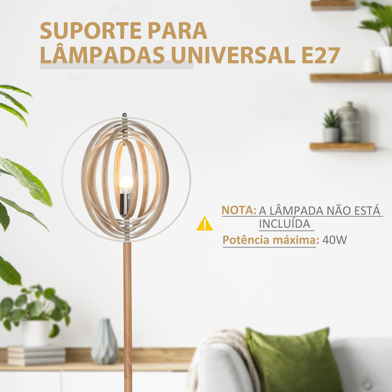 Candeeiro de Pé com Ecrã Giratório de 360° Interruptor de Pé LED E27 Máx. 40W Base de Madeira Candeeiro de Pé para Sala de Estar Dormitório Estúdio 38x38x160cm Natural