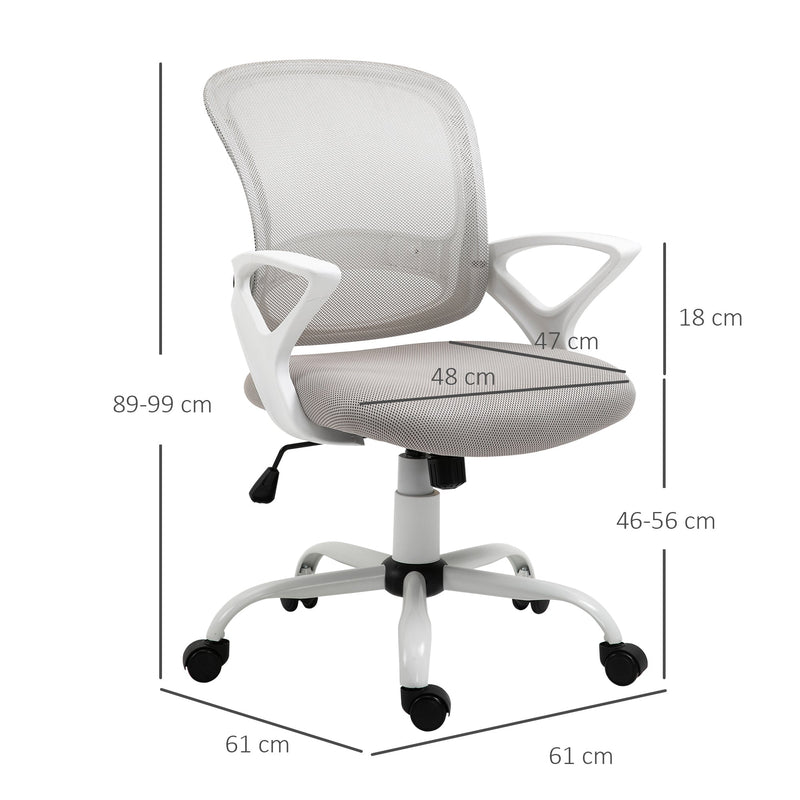 Cadeira de Oficina Ergonômica Basculante com Altura Ajustável Assento Giratório 360° Suporte Lombar e Malha Transpirável 61x61x89-99cm Cinza e Branco