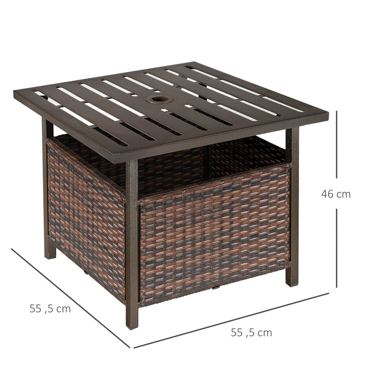 2 em 1 Base para guarda-sol com mesa lateral de vime em aço para terraço jardim Pátio 55,5x55,5x46 cm marrom