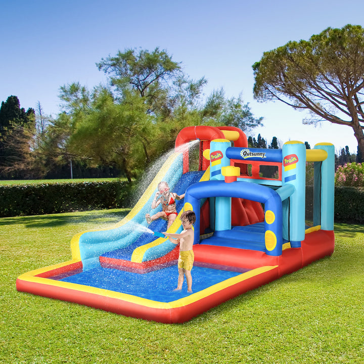Castelo Insuflável com Inflador Castelo Insuflável para Crianças de 3-8 Anos com Escorrega Trampolim Piscina Bolsa de Transporte para Interior Exterior 435x245x200cm Multicolorido