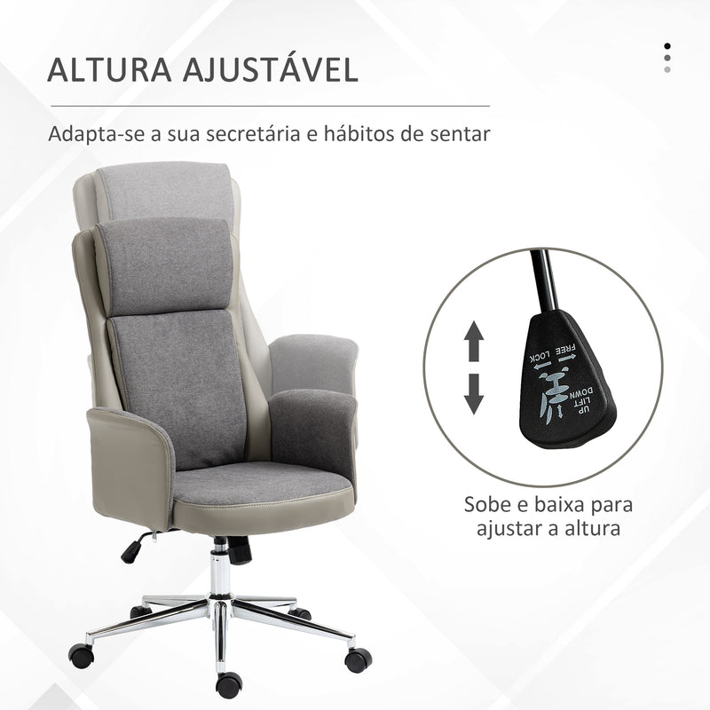 Cadeira de Escritório Operativa Estofada em PU Cadeira de Escritório Giratória com Altura Ajustável e Encosto Alto para Dormitório Estúdio Carga Máxima 120 kg 65x72x108-118 cm Cinza