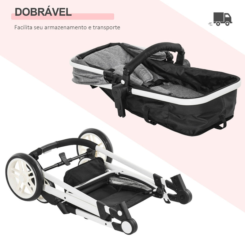 Carrinho de Bebé 2 em 1 Carrinho de Passeio e Alcofa para Crianças de 0 a 36 Meses com Capota Dobrável Encosto Inclinável Cesta Grande Alavanca de Freio Carga 15kg 80x51x102cm Cinza