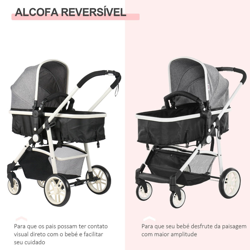 Carrinho de Bebé 2 em 1 Carrinho de Passeio e Alcofa para Crianças de 0 a 36 Meses com Capota Dobrável Encosto Inclinável Cesta Grande Alavanca de Freio Carga 15kg 80x51x102cm Cinza