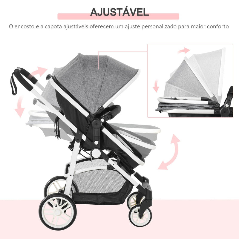 Carrinho de Bebé 2 em 1 Carrinho de Passeio e Alcofa para Crianças de 0 a 36 Meses com Capota Dobrável Encosto Inclinável Cesta Grande Alavanca de Freio Carga 15kg 80x51x102cm Cinza