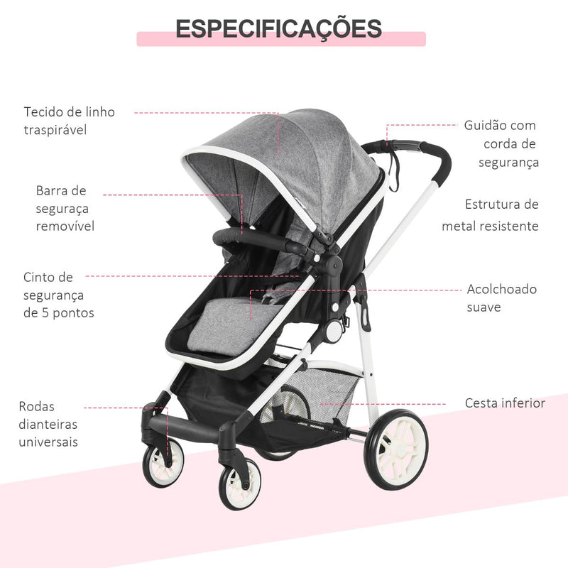 Carrinho de Bebé 2 em 1 Carrinho de Passeio e Alcofa para Crianças de 0 a 36 Meses com Capota Dobrável Encosto Inclinável Cesta Grande Alavanca de Freio Carga 15kg 80x51x102cm Cinza